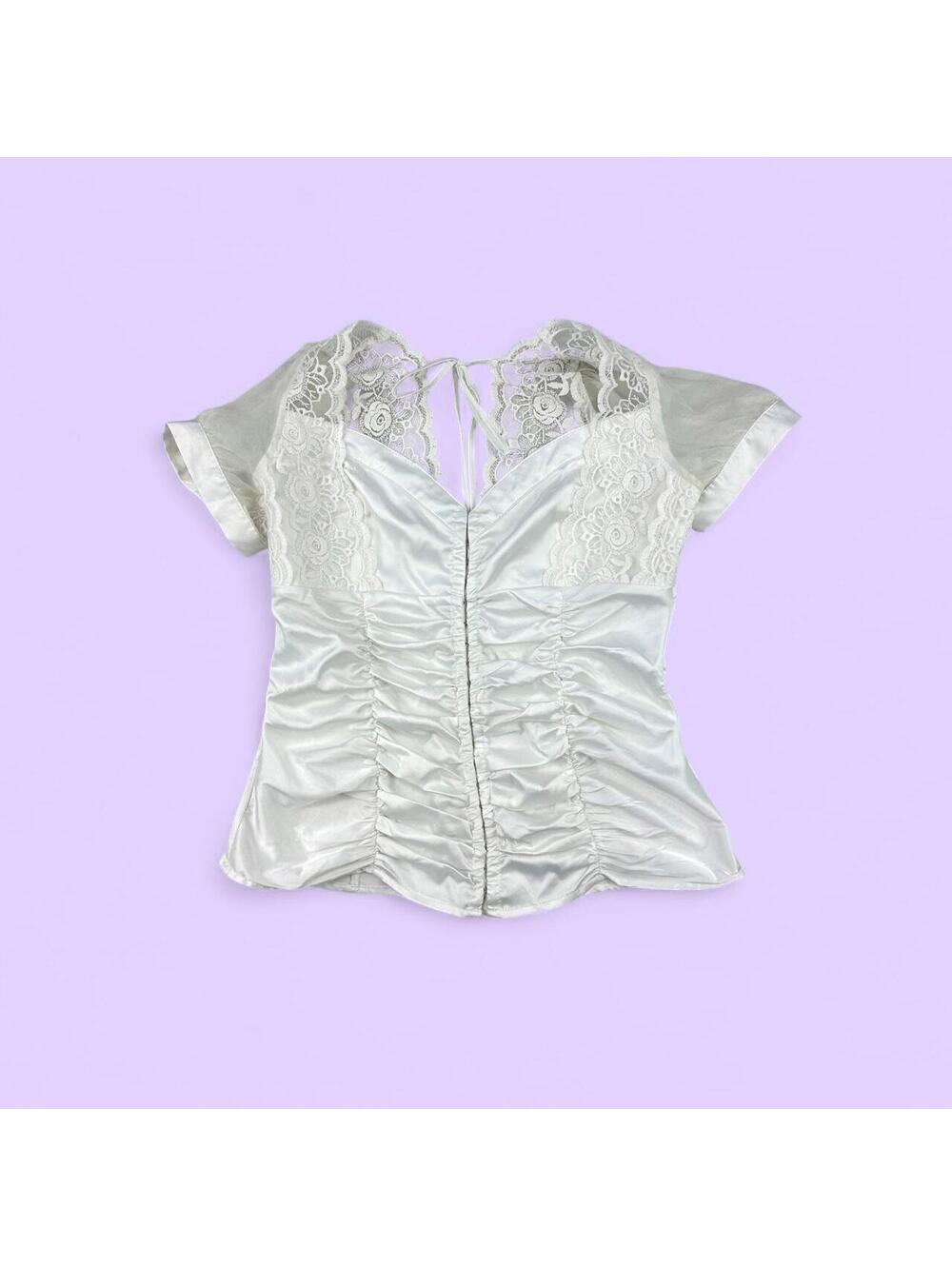 Mustard Seed White Lace and Satin Short Sleeve Corset Top with Ruched Bodice - L